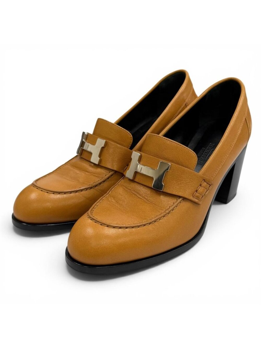 Hermes Dauphin 70 Constance H Chunky Heel Leather Pumps Light Brown
